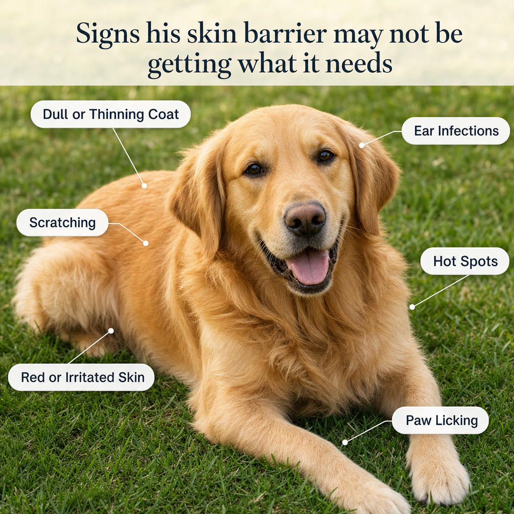 A golden retriever with labelled symptom bubbles: scratching, paw licking, ear infections, hot spots, dull coat, red skin.