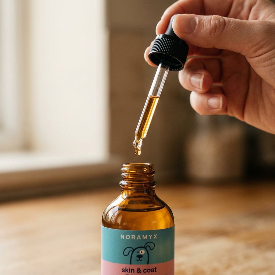 A hand holding a glass dropper filled with golden liquid above an open amber bottle, a single drop falling from the tip.