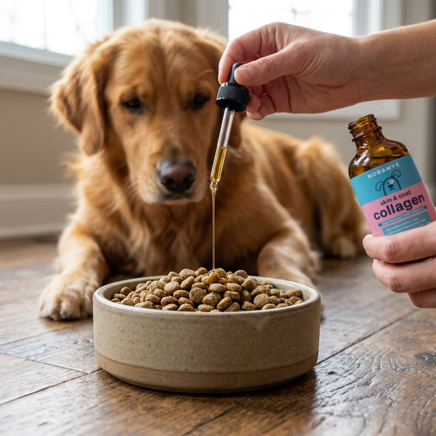 A hand pouring the golden liquid from the dropper over a bowl of kibble on a wooden floor, with a golden retriever lying behind the bowl watching.
