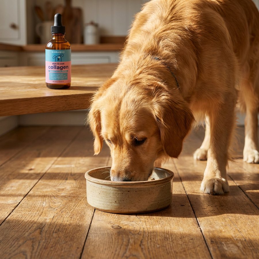 A golden retriever eating from a stoneware bowl on a wooden floor, with the bottle already set aside on the worktop behind.