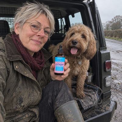 Owner with her rescue mongrel by the fire