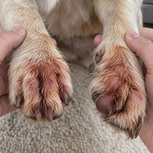 Dog's paws before, stained rust-red between the toes
