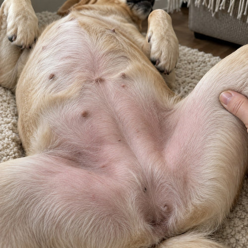 Same dog's belly after 6 weeks, calm pale skin