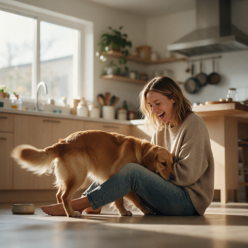 Woman laughing with her golden retriever on a kitchen floor