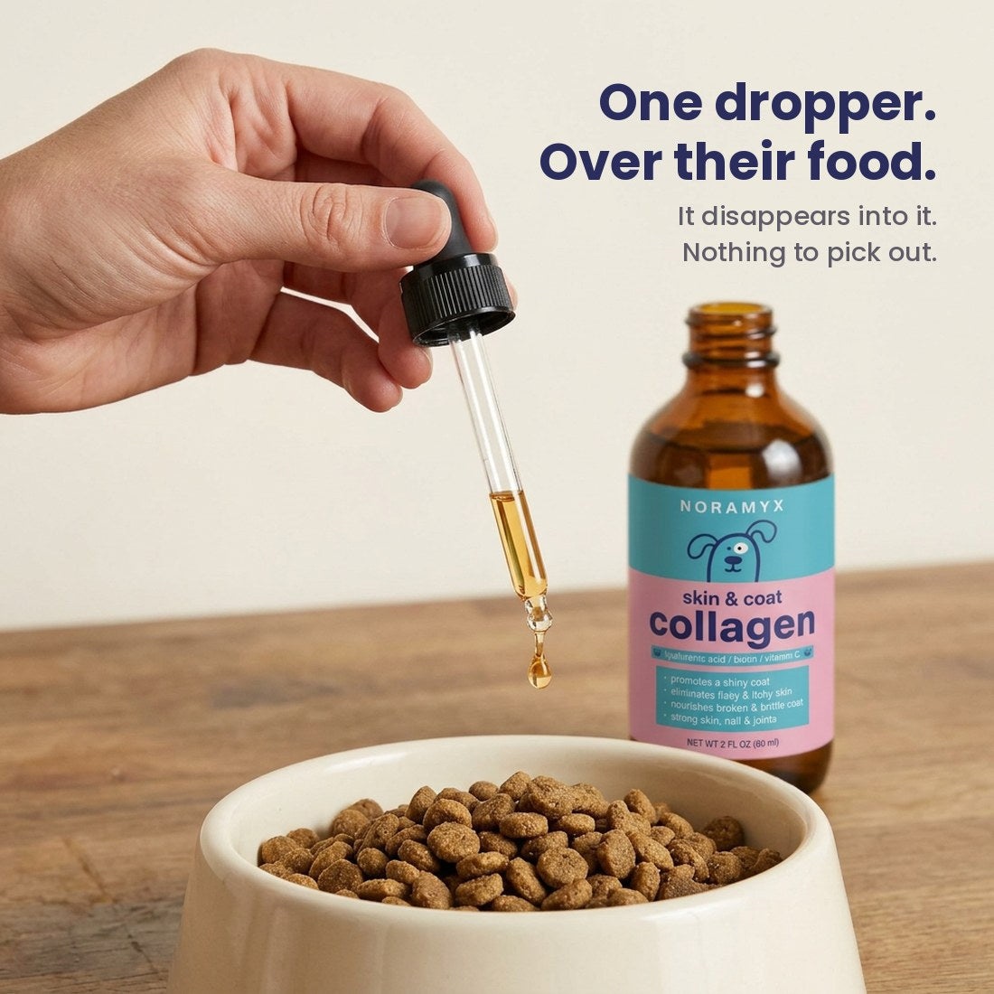 A hand holding the glass dropper above a bowl of dry food, a drop falling, with the Noramyx bottle behind.
