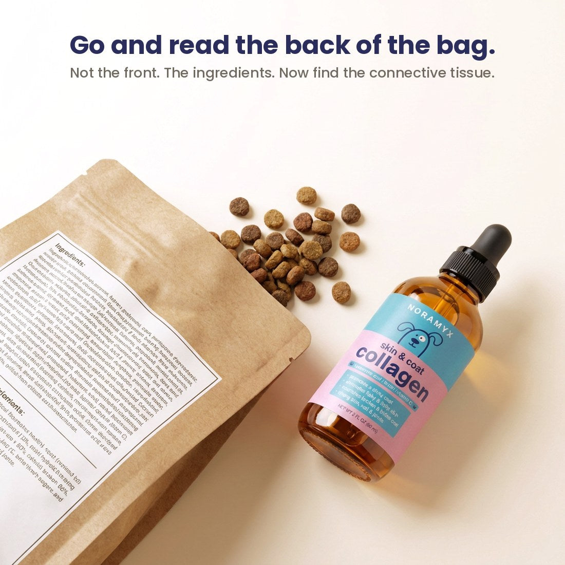 An open bag of dry dog food with its ingredient panel showing, kibble spilled beside it, and the Noramyx bottle alongside.