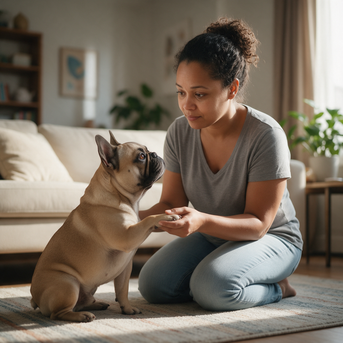 Woman gently examining her French Bulldog's paw