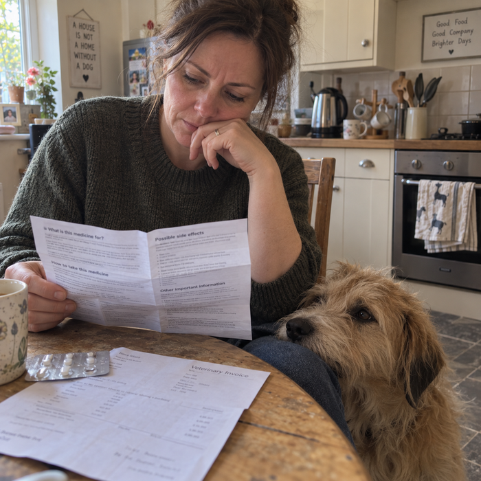 Owner sat in a UK veterinary consulting room with prescription leaflets on the desk