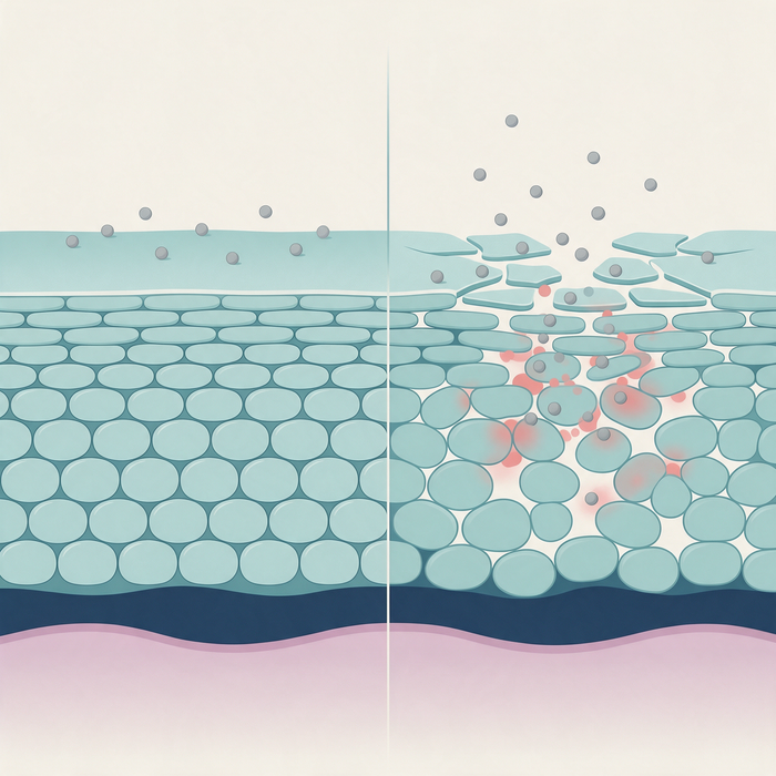Diagram showing intact skin barrier on the left and broken barrier with allergens passing through on the right