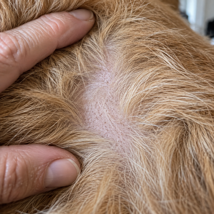Extreme close-up of a hand parting a dog's fur to reveal the healthy pink skin barrier beneath