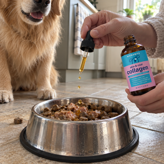 A dropper of Noramyx being squeezed over a stainless-steel bowl of dog food while the dog waits