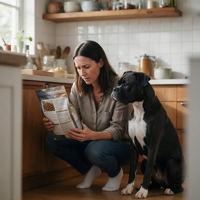 Woman reading the ingredients panel on a bag of dog food with her Boxer beside her