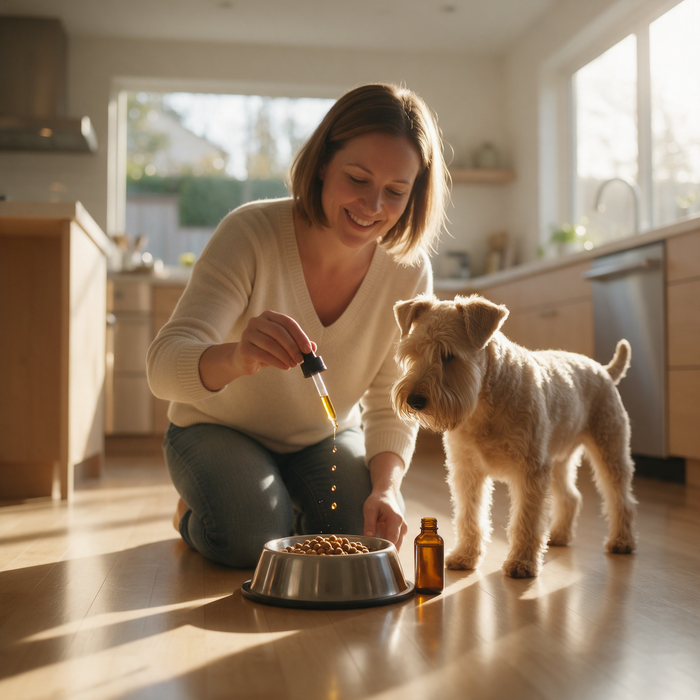 Woman smiling while adding serum from a dropper to her terrier's food bowl