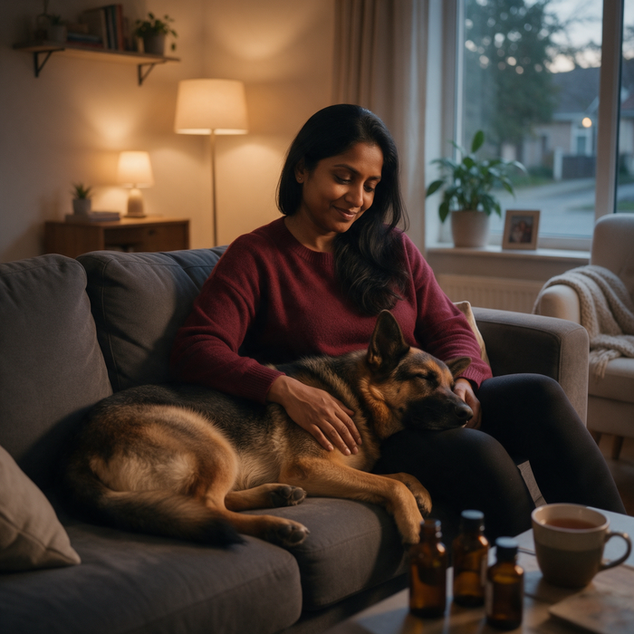 Woman on the sofa with her German Shepherd asleep on her lap, amber bottles on the coffee table