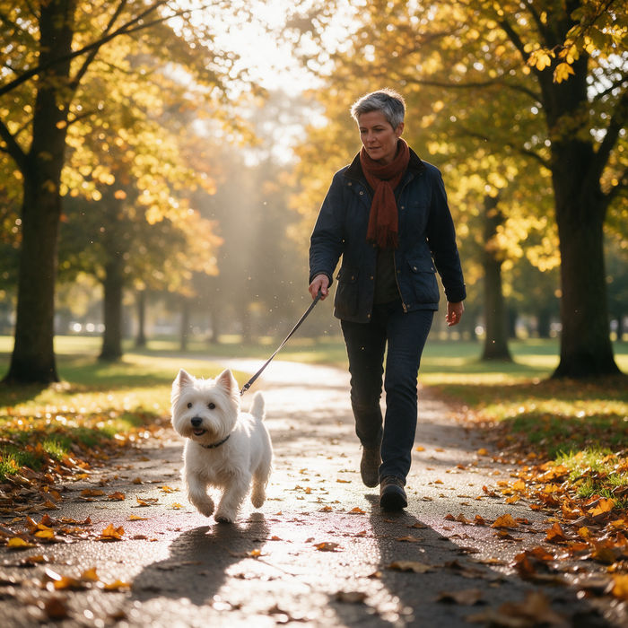 Woman walking her Westie through an autumn park
